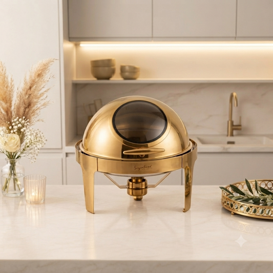 6.0 Ltr Round Rolltop Gold Chafing Dish with Glass Window