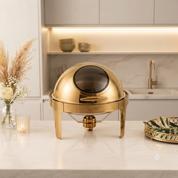 6.0 Ltr Round Rolltop Gold Chafing Dish with Glass Window