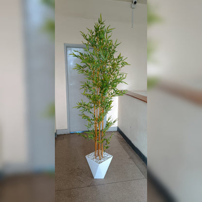 Artificial Bamboo Plant with Metallic Stand Vase and Pebbles 190cm