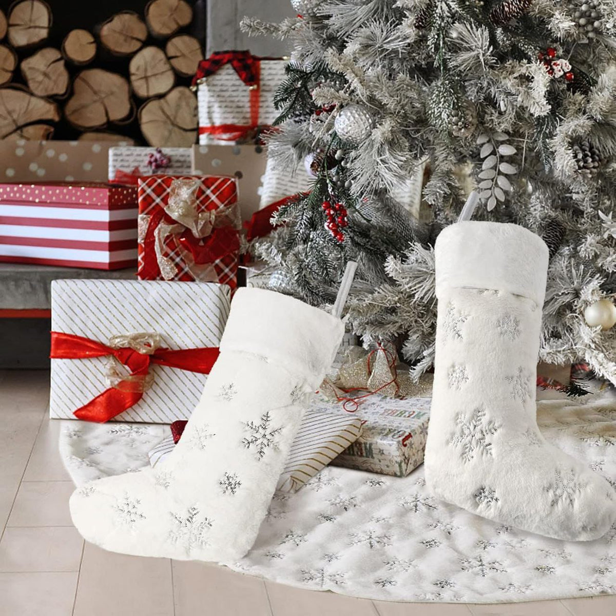 4 Pack Christmas White Faux Fur Christmas Socks with Silver Sequin Snowflakes