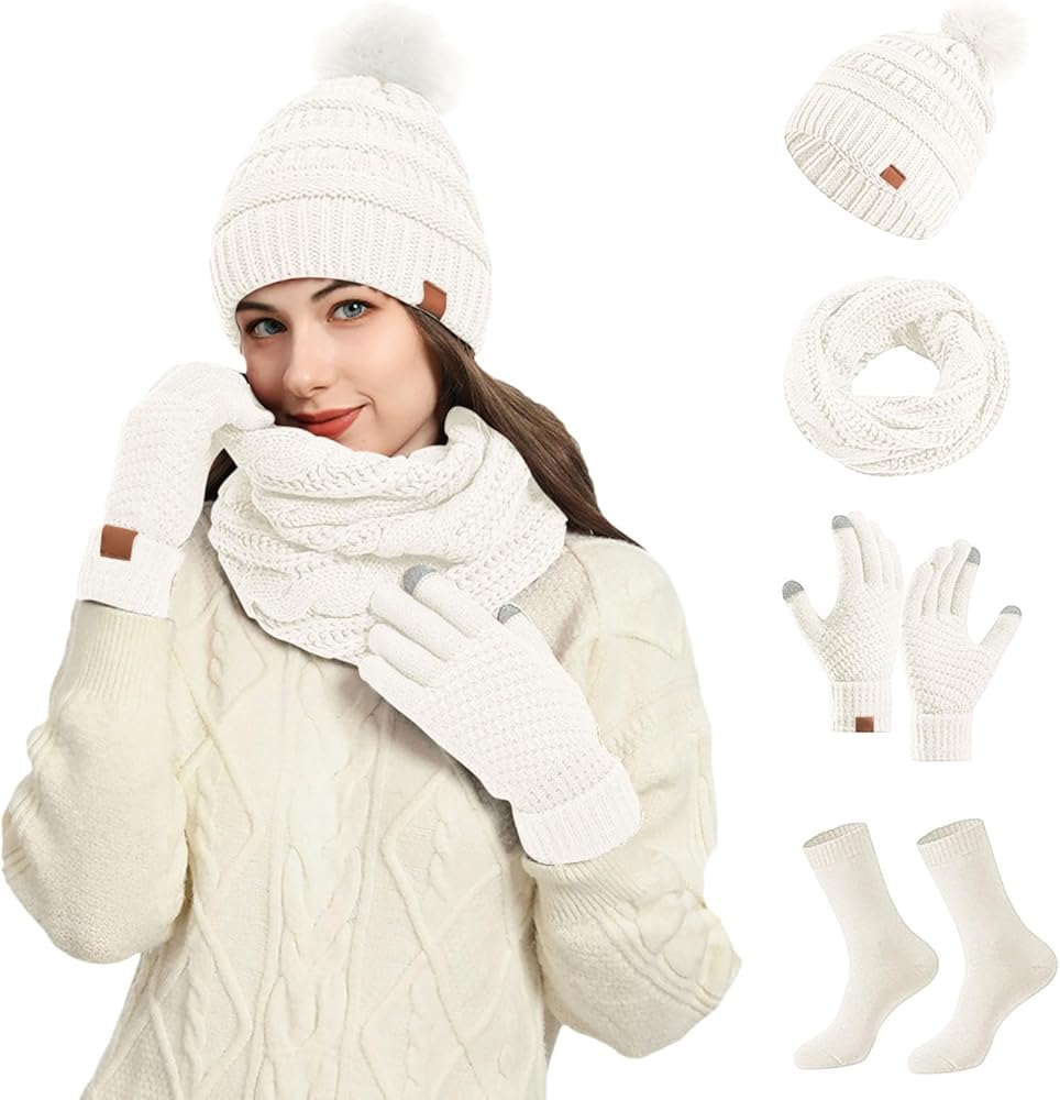 4 Piece Winter  Beanie Hat Scarf Gloves Set
