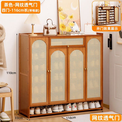 Brown   Wooden Rattan Door Bamboo Shoe Rack Gha