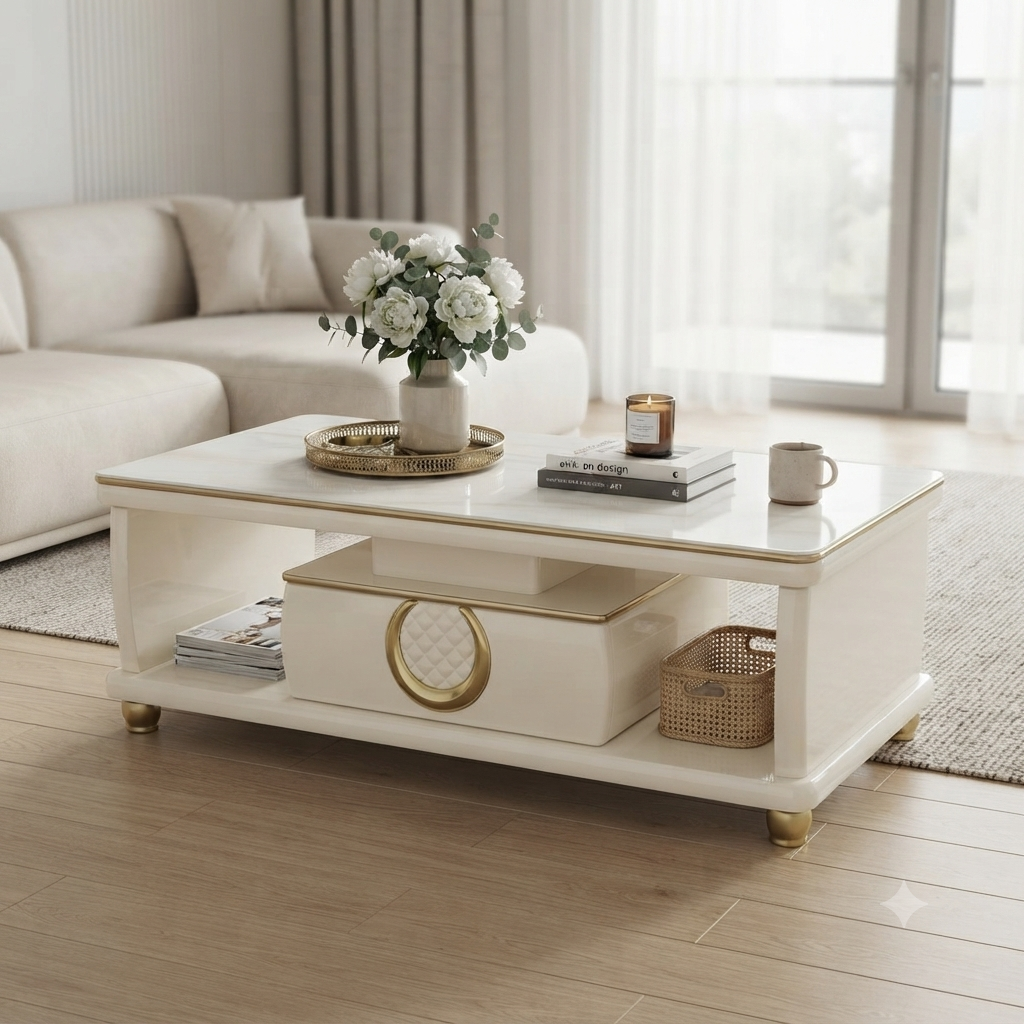 Rectangular Coffee Table with Storage Drawer and Gold Trim