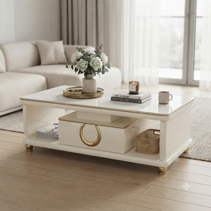 Rectangular Coffee Table with Storage Drawer and Gold Trim