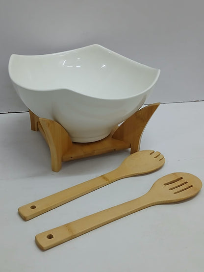 Ceramic salad bowl with bamboo stand
