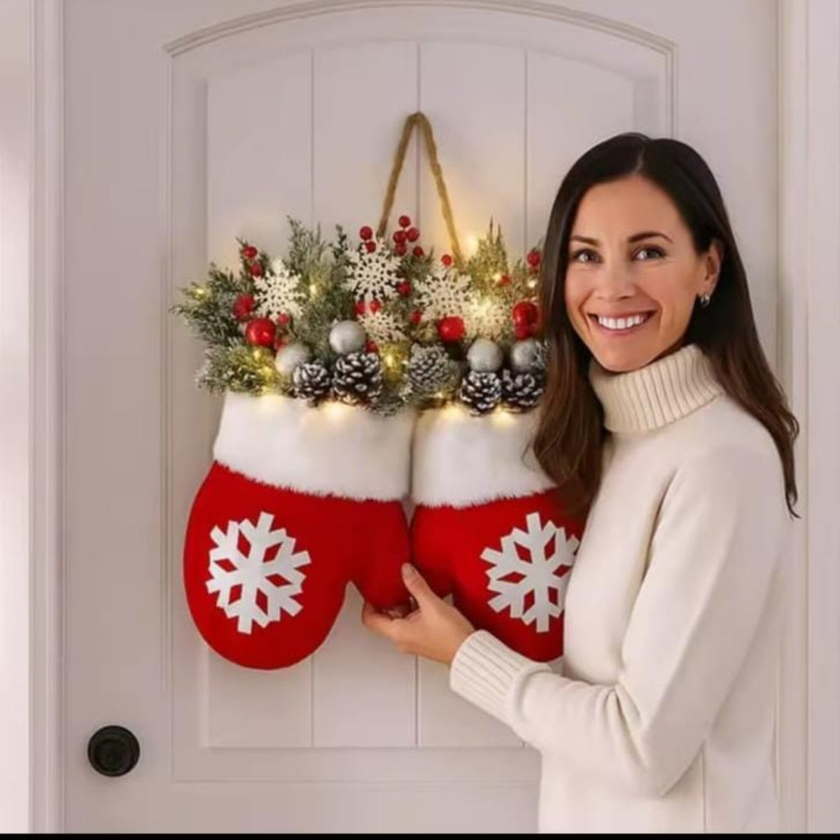 2 In 1 Christmas Garland Glove Shaped  Flower Wreath with Light Gha