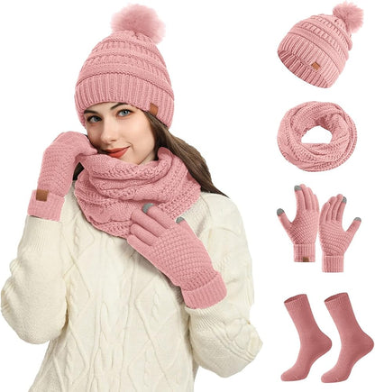 4 Piece Winter  Beanie Hat Scarf Gloves Set