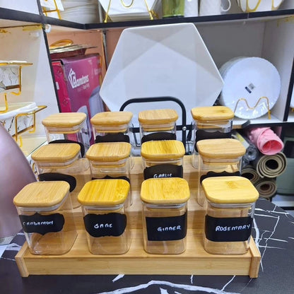 12pc square glass spice jar set with a wooden bamboo stand