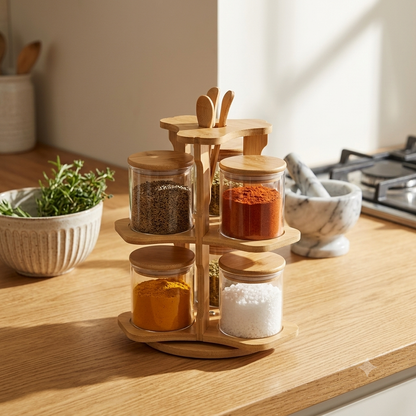 6pcs Rotating Spice Jar Set with Wooden Stand