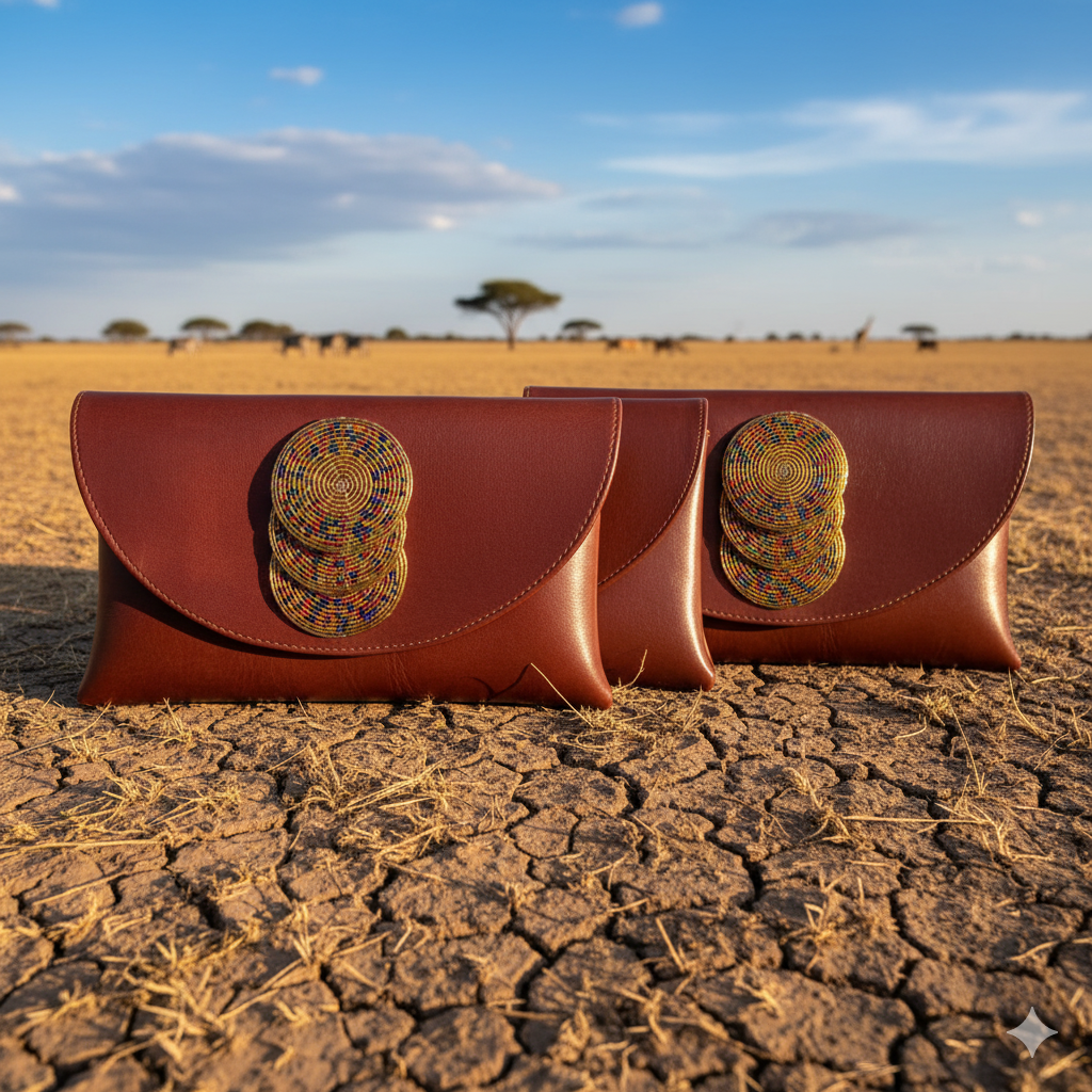 Brown leather clutch bag with a colorful, circular Maasai beaded medallion
