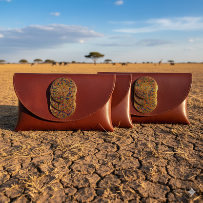 Brown leather clutch bag with a colorful, circular Maasai beaded medallion