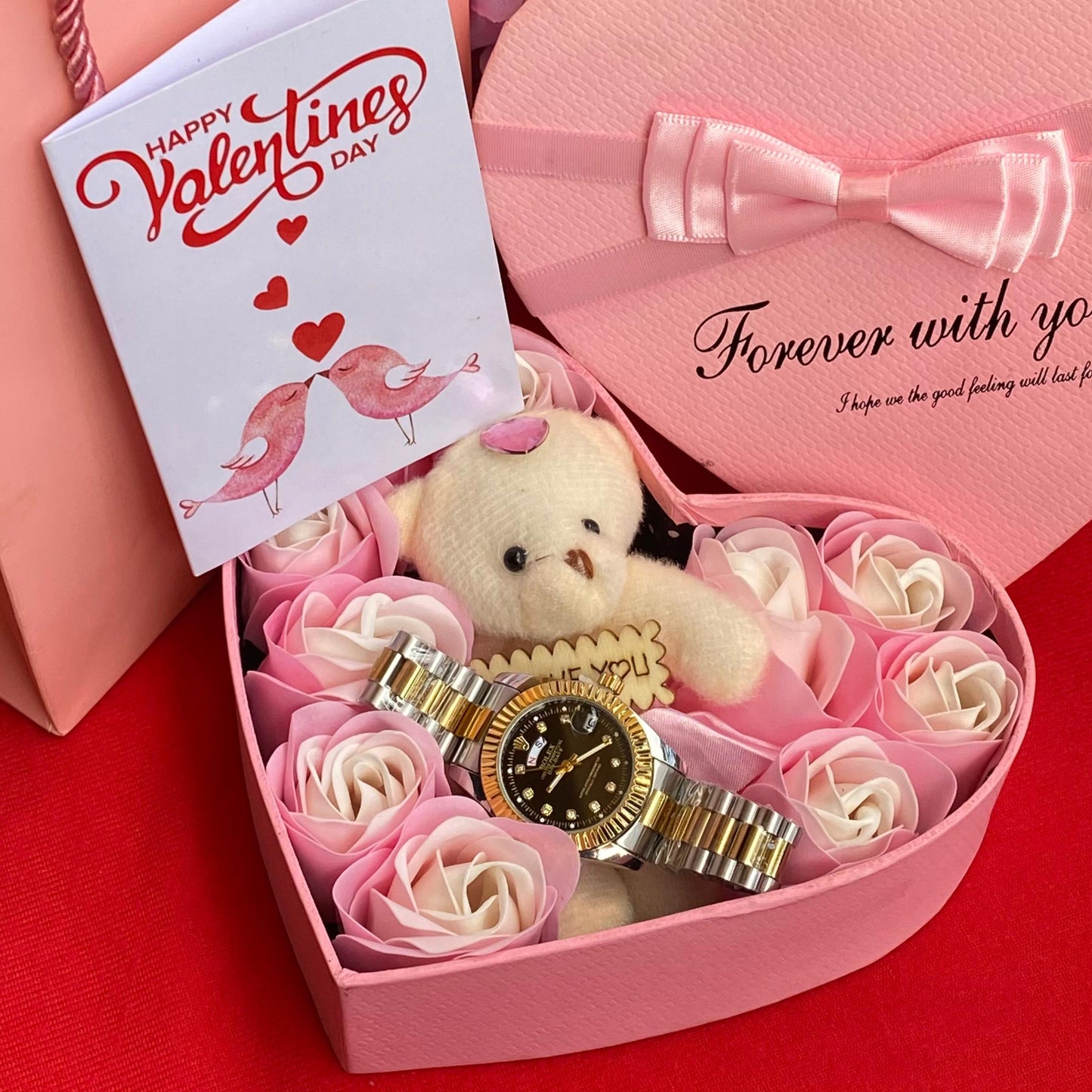 Ladies Valentine Heart Gift Set with Watch and Roses