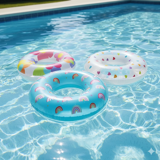 Kids Fun Inflatable Swim Rings - Rainbow, Hearts, and Flowers Print (3-Pack)