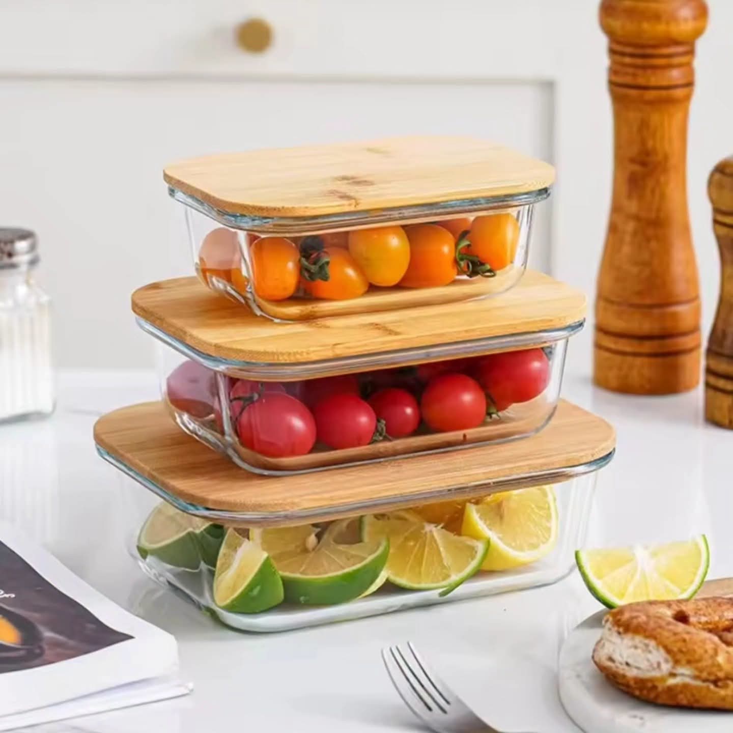 3 in 1 Glass Bamboo Lids Storage Containers