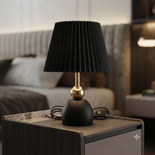 Black with Gold Detail Retro Fabric Lamp Shade Table Lamp