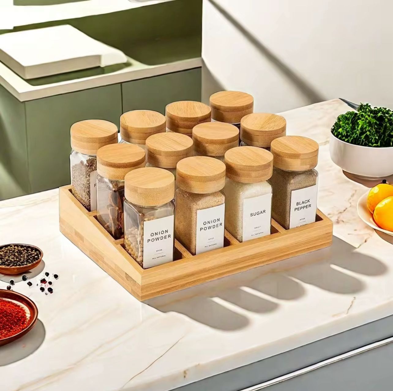 12 Pcs Spice Jar Set with Square Bamboo Rack