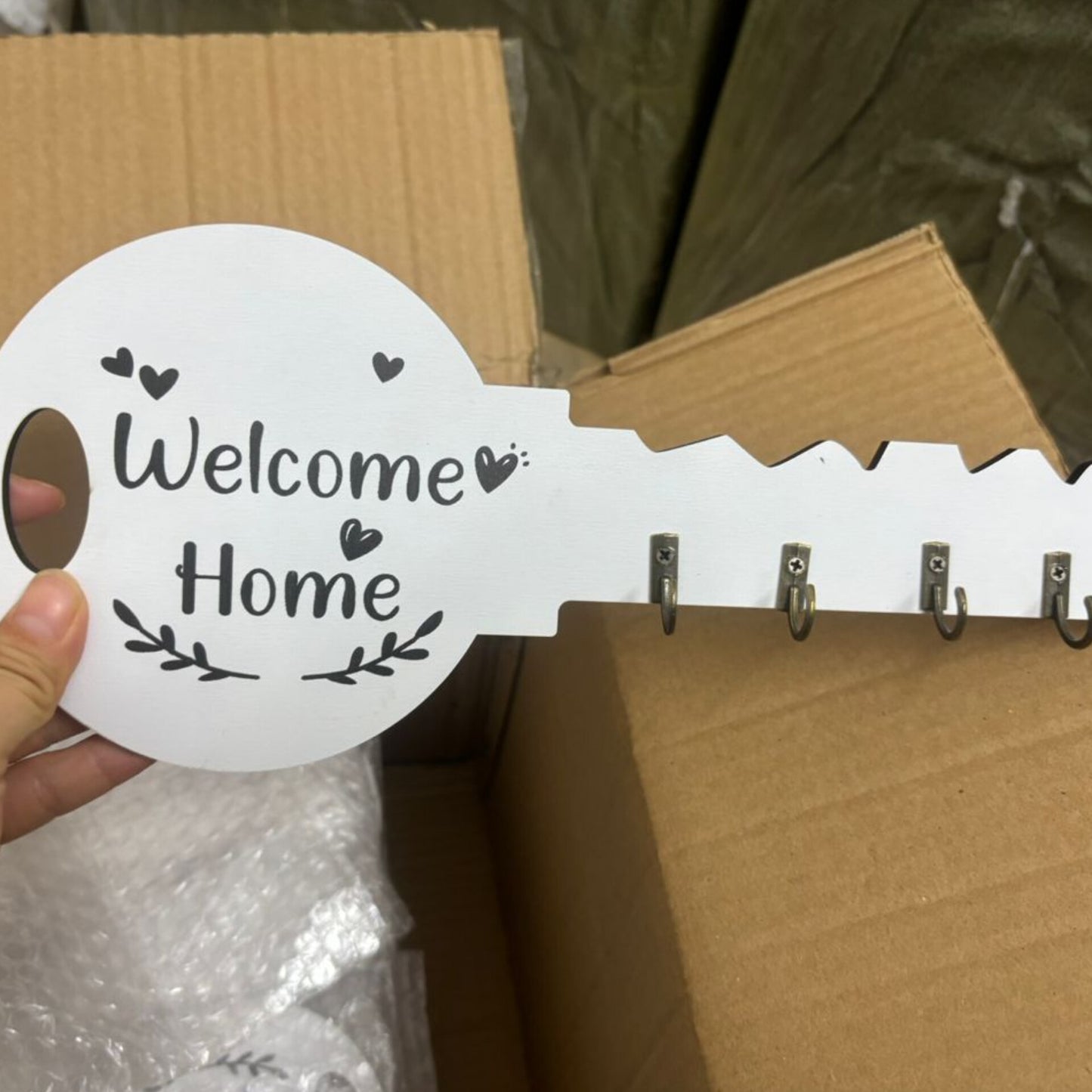 Wooden key holder with hooks