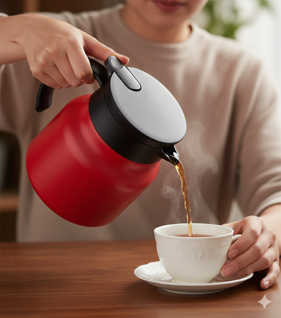 Red thermal flask with infuser