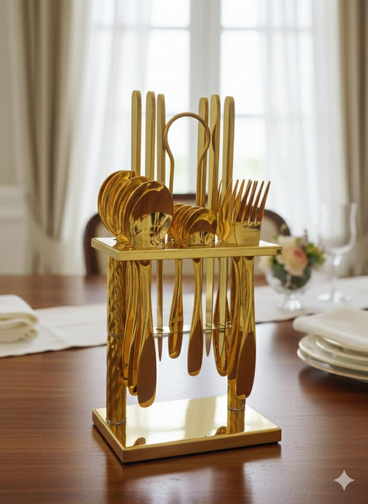 24Pc square gold cutlery set