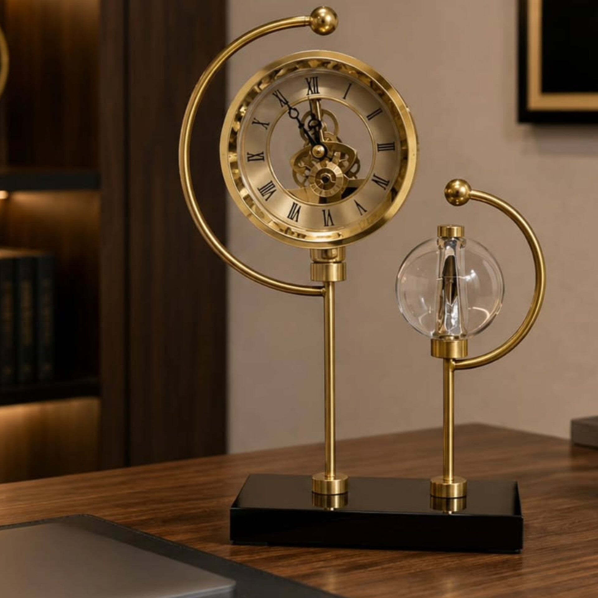Golden Celestial Stand Clock with Crystal Ball