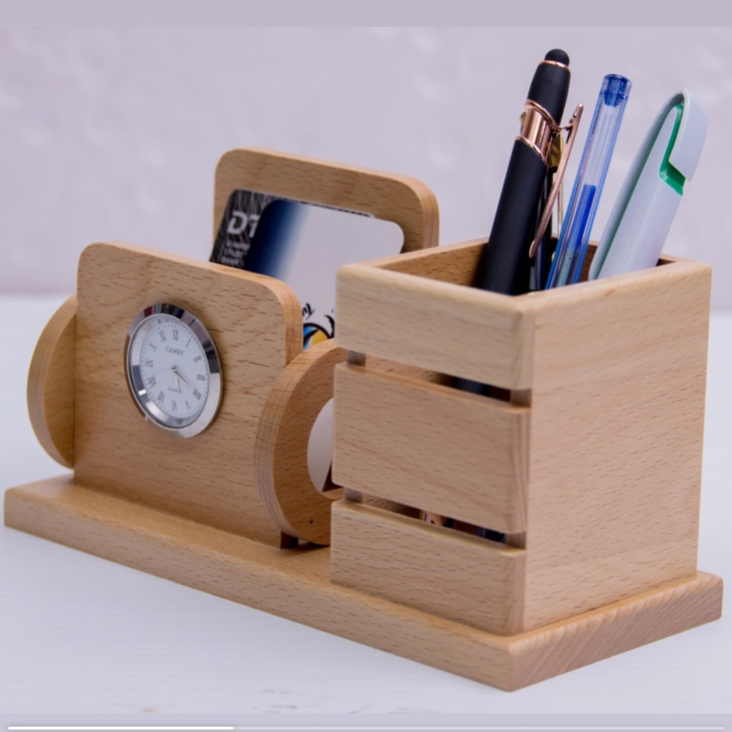 Wooden desktop organizer with watch clock