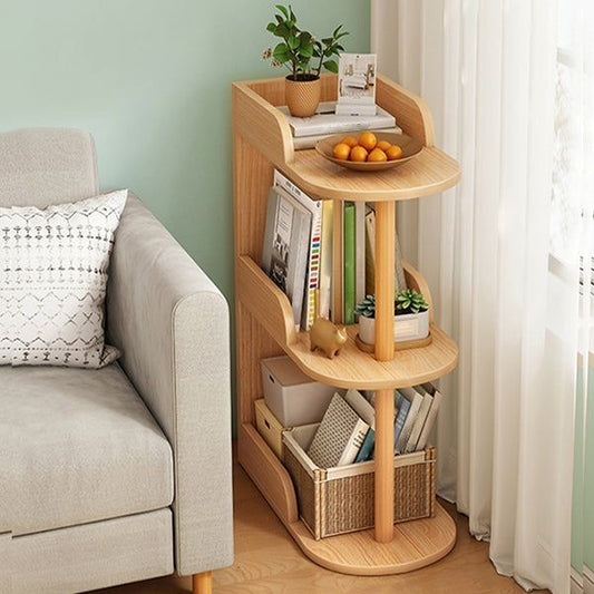 A curved, three tiered wooden bookshelf with a natural finish.