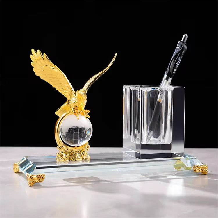 Crystal Desk Pen Holder with Golden Eagle Statue
