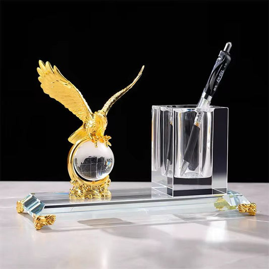 Crystal Desk Pen Holder with Golden Eagle Statue