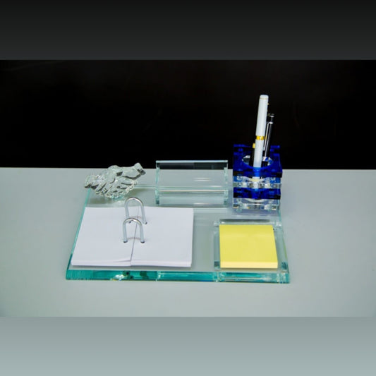 Crystal Glass Executive Desk Organizer with Blue Accents