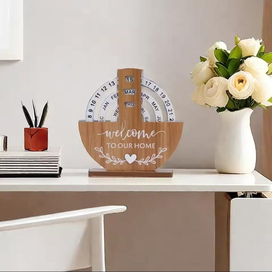 Reusable Perpetual Wooden Rotating Desk Calendar with Welcome Home Sign