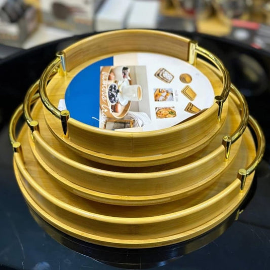 3Pc Round bamboo serving trays
