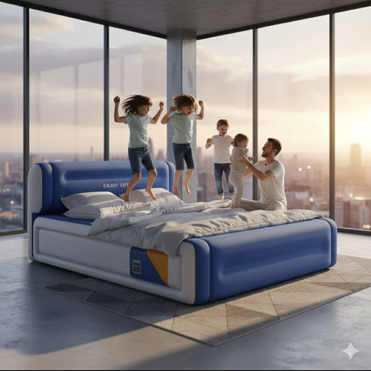 Queen size blue and white inflatable air bed with an integrated headrest, set up in a modern apartment with a city view.