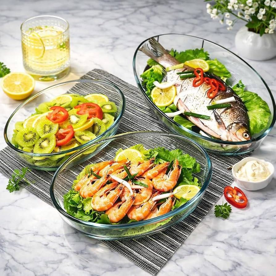 3Pcs Oval  Borosilicate Glass Baking Bowl Set