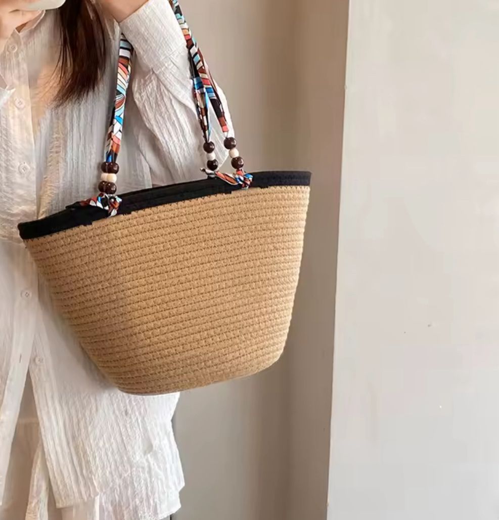 Woven cotton rope straw bag with zipper