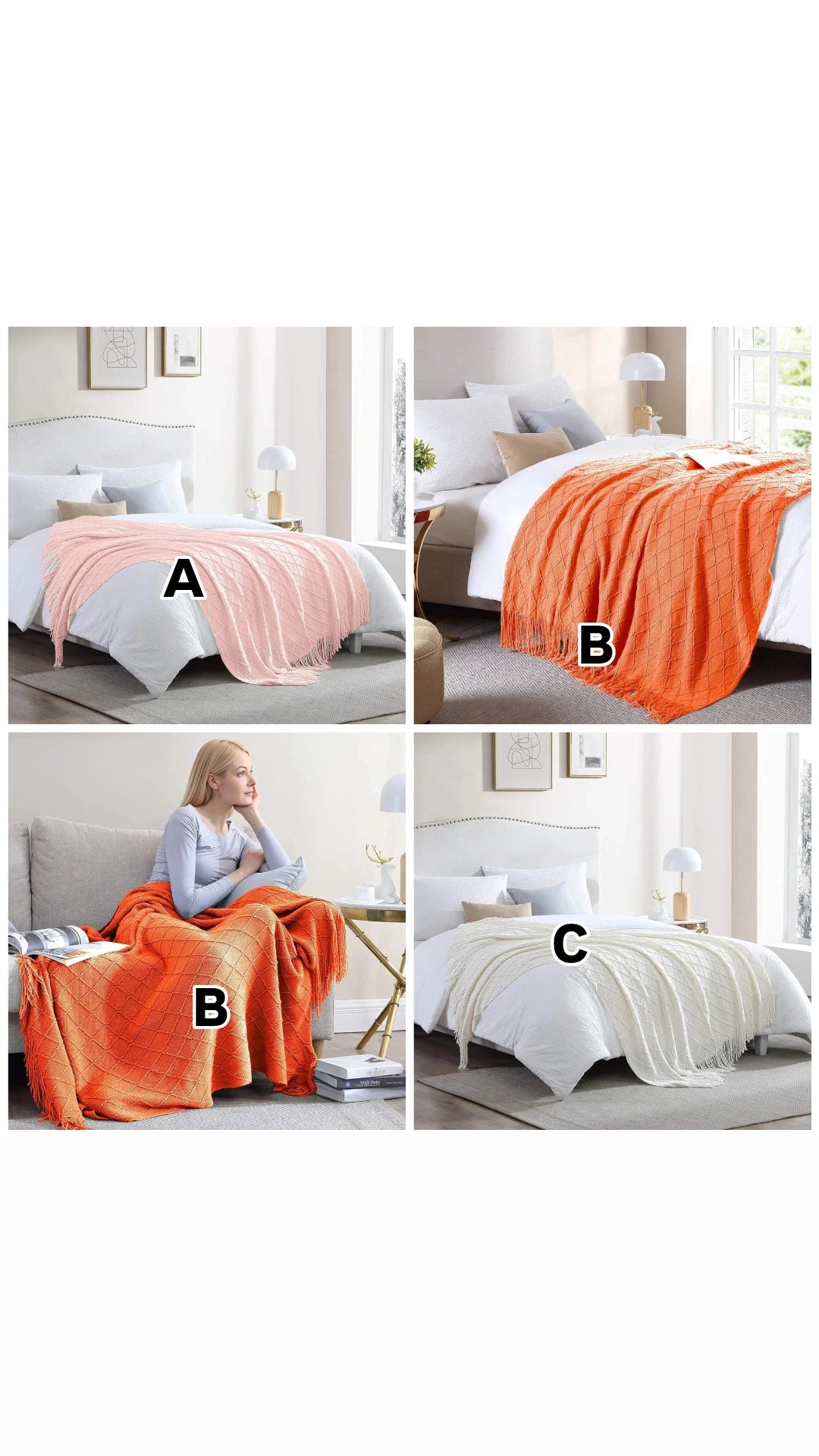 Knitted throw blanket with tassels