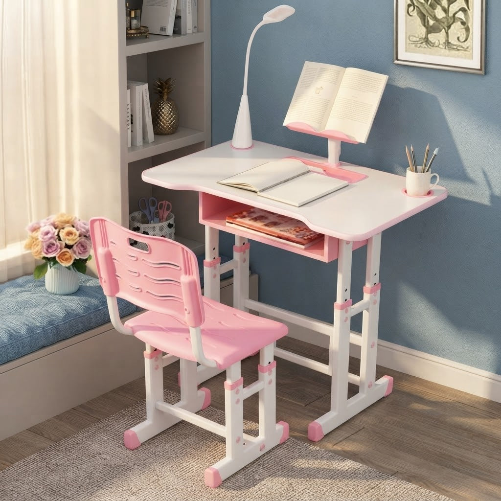 Kids Study Desk and Chair Set with LED Lamp
