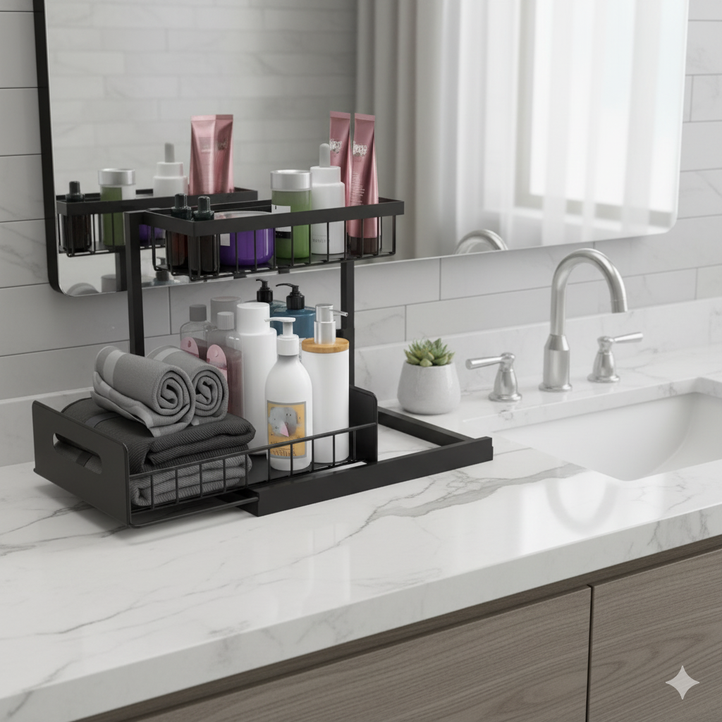 Sliding bathroom organizer under sink organizer bathroom caddy