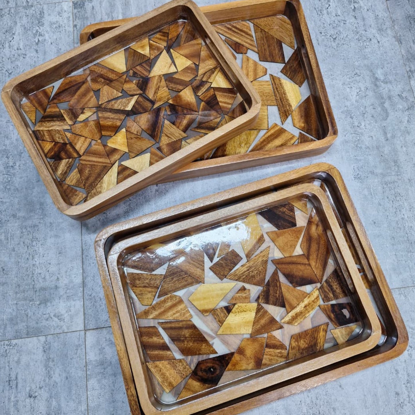 2 Pcs Wood Mosaic Serving Tray Set
