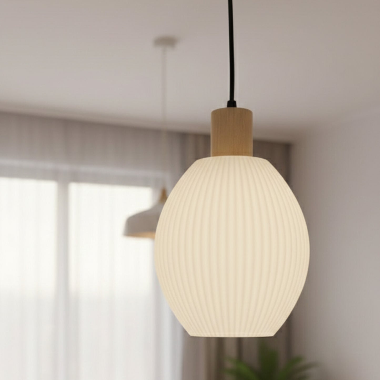 White Ribbed  Pendant Lamp with Bulb