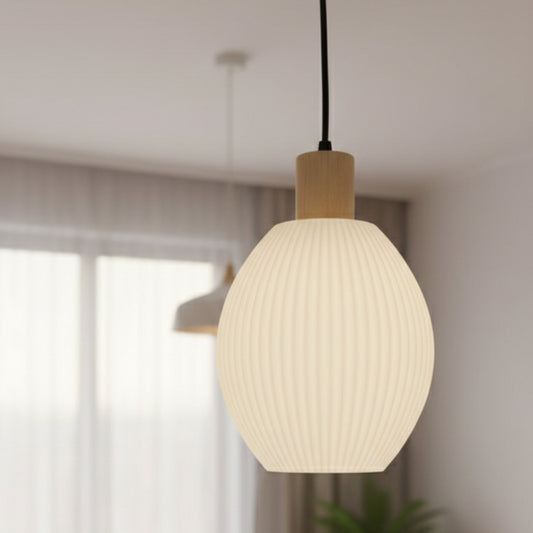 White Ribbed  Pendant Lamp with Bulb