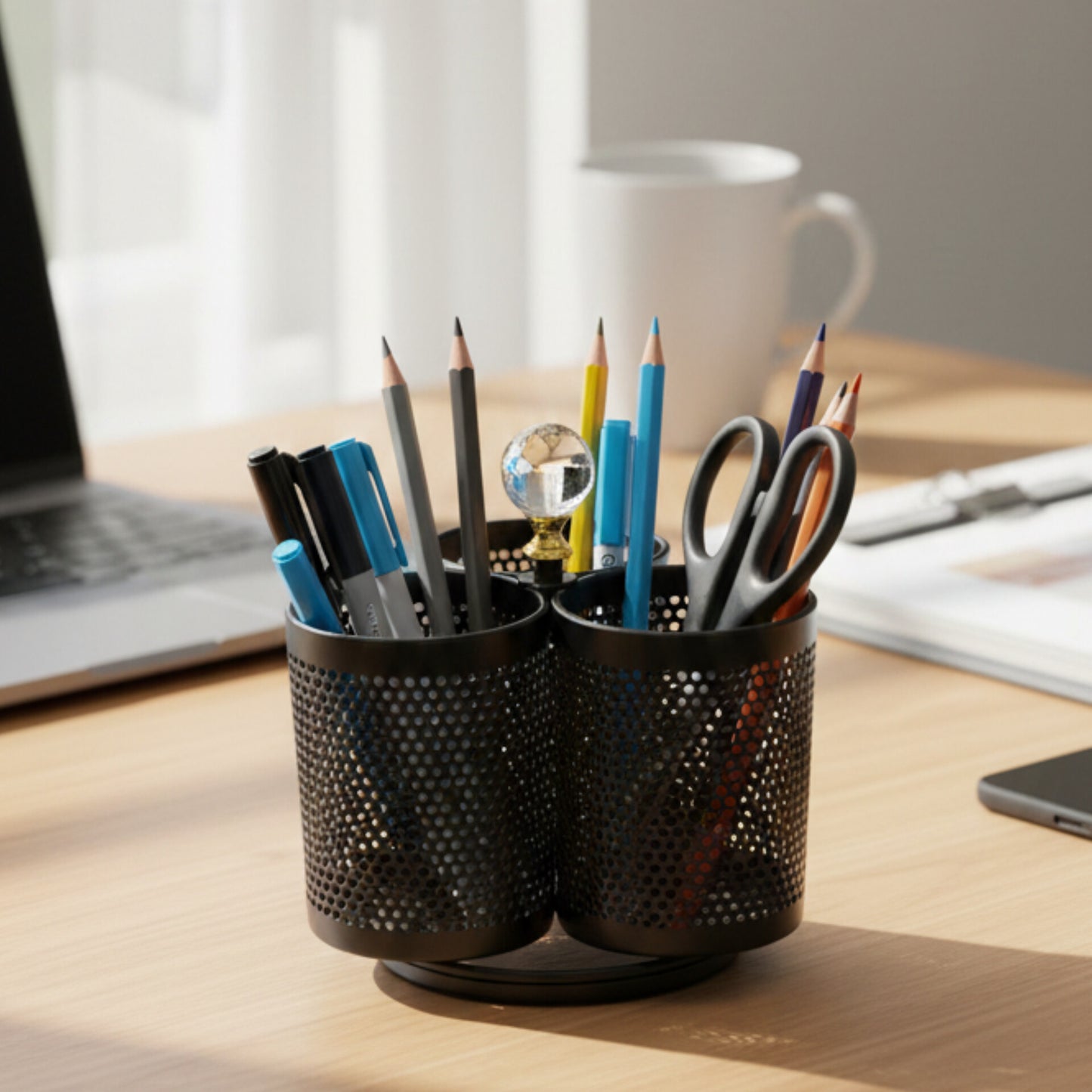 Black 3-in-1 rotating mesh desk organizer with stationery inside Rotationg cutlery holder 