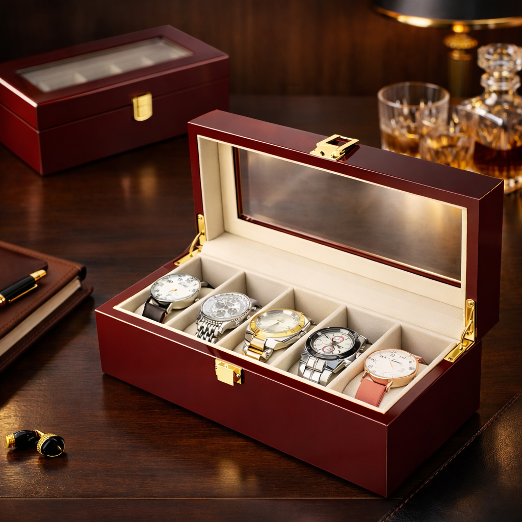 Open red watch box with six watches.