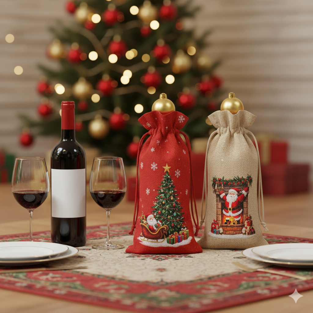 Two Christmas burlap wine bags, one red with a Christmas tree design and one tan with a Santa design.