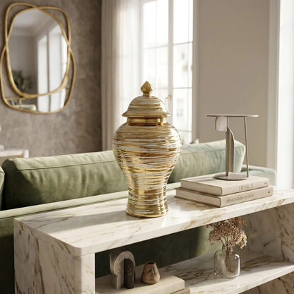 Ceramic Gold Plated White Striped Vase