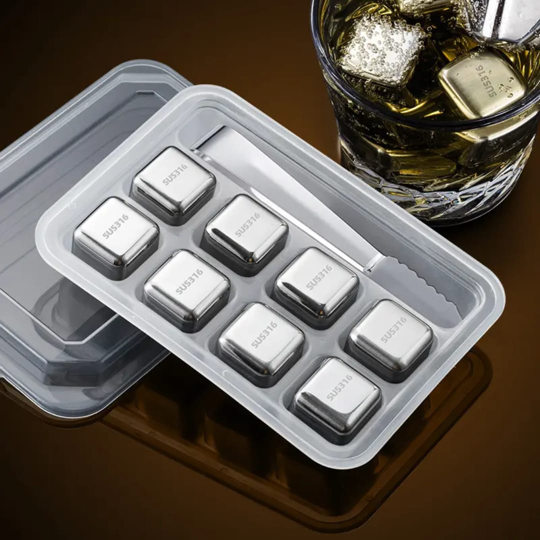 8 Stainless reusable ice cubes with tong