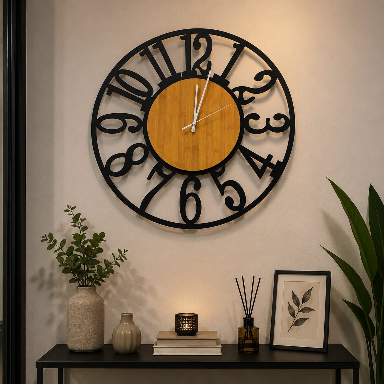 60cm Black and Wood Accent Wall Clock