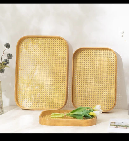 3pcs rattan bamboo serving trays