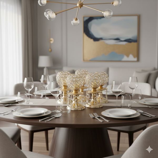 Set of Gold Crystal Metal Candle Holders for Table Centerpieces