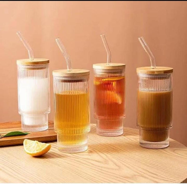 350ml  glass tumbler with bamboo lid 3pcs