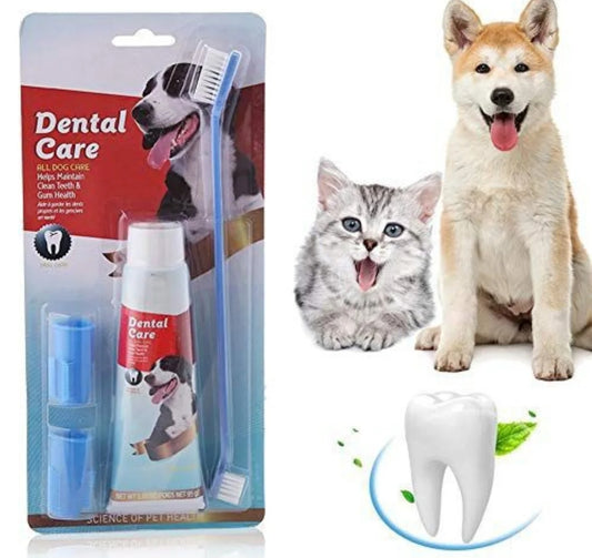 A pet dental care kit with a toothbrush, toothpaste, and water additive, packaged in a cardboard backing. 